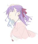  1girl chyoel closed_mouth fate/stay_night fate_(series) from_side hair_ribbon highres jacket long_sleeves matou_sakura medium_hair pink_jacket purple_hair red_ribbon ribbon short_hair simple_background smile solo upper_body violet_eyes white_background 