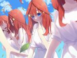  5girls ahoge bangs blue_eyes blue_sky blurry blurry_foreground blush breasts closed_mouth clouds collarbone commentary_request cosplay cowboy_shot day dress eyebrows_visible_through_hair faceless falling_leaves finger_to_mouth go-toubun_no_hanayome hair_between_eyes hair_ornament highres large_breasts leaf long_hair multiple_girls nakano_ichika nakano_itsuki nakano_itsuki_(cosplay) nakano_miku nakano_nino nakano_yotsuba open_mouth out_of_frame quintuplets redhead see-through_sleeves short_sleeves siblings sidelocks sisters sky solo_focus standing star_(symbol) star_hair_ornament tamago_sando white_dress 