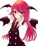  1girl :/ adjusting_eyewear bangs bat_wings bespectacled black_neckwear black_vest breasts buttons closed_mouth collared_shirt expressionless eyebrows_visible_through_hair glasses hair_ornament hairpin hands_up head_wings highres koakuma light_blush long_hair long_sleeves looking_at_viewer medium_breasts necktie necono_(nyu6poko) pink_eyes pink_hair semi-rimless_eyewear shirt simple_background solo squiggle swept_bangs touhou upper_body very_long_hair vest white_background white_shirt wing_collar wings 