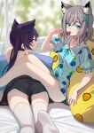  2girls animal_ears blue_archive blue_eyes blurry blurry_background blurry_foreground candy chinese_commentary depth_of_field food grey_hair hair_ornament highres indoors lollipop long_hair looking_at_viewer looking_back multiple_girls pajamas purple_hair red_eyes serika_(blue_archive) shiroko_(blue_archive) short_hair short_shorts shorts thigh-highs twintails white_legwear x_hair_ornament zhanzheng_zi 