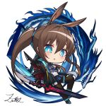  1girl :o amiya_(arknights) animal_ears arknights ascot bangs black_jacket black_legwear blue_eyes blue_footwear blue_neckwear blue_skirt blush brown_hair chibi eyebrows_visible_through_hair full_body hair_between_eyes highres holding holding_sword holding_weapon jacket jewelry long_hair long_sleeves open_clothes open_jacket pantyhose parted_lips plaid plaid_skirt pleated_skirt ponytail rabbit_ears ring shirt shoes sidelocks signature simple_background skirt solo sword very_long_hair weapon white_background white_shirt z.m._(school913102) 