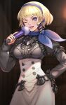  1girl bangs blonde_hair breasts commentary_request constance_von_nuvelle earrings fan fire_emblem fire_emblem:_three_houses gonzarez hairband hand_on_hip highres holding holding_fan indoors jewelry looking_at_viewer medium_breasts multicolored_hair one_eye_closed purple_hair scarf two-tone_hair upper_body 