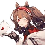  absurdres angelina_(arknights) animal_ears arknights blush brown_hair fox_ears fox_girl gloves headgear heart highres jacket letter long_hair looking_at_viewer one_eye_closed red_eyes tochigi_1990 twintails 