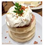  artist_name blurry blurry_background cream english_text food food_focus highres leaf mitomaton no_humans original pancake pastry plate still_life sweets vegetable 