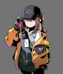  1girl absurdres bangs baseball_cap belt black_headwear black_legwear blue_eyes brown_hair closed_mouth cowboy_shot dima_(girls_frontline) einheadt expressionless genderswap genderswap_(mtf) girls_frontline gloves grey_background hat highres jacket long_hair long_sleeves looking_at_viewer ponytail simple_background solo walkie-talkie yellow_jacket 