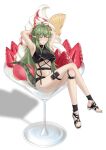  1girl absurdres antenna_hair arknights armpits arms_up bangs bare_legs bare_shoulders black_footwear blush breasts chinese_commentary commentary_request crocodilian_tail crossed_legs cup da_akana_xiv drinking_glass food gavial_(arknights) green_hair green_nails grin highres ice_cream long_hair looking_at_viewer medium_breasts navel parted_lips pointy_ears pouch sandals shadow simple_background sitting smile solo stomach tail thigh_strap thighs toenail_polish under_boob white_background wine_glass yellow_eyes 