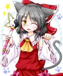  1girl animal_ears ascot bangs black_hair blush bow breasts cat_ears cat_tail commentary_request cookie_(touhou) detached_sleeves eyebrows_visible_through_hair fang frilled_bow frilled_hair_tubes frills hair_bow hair_tubes hakurei_reimu highres holding holding_wand kemonomimi_mode looking_at_viewer medium_hair neko_mata one_eye_closed open_mouth paw_pose paw_print pink_bow red_bow red_shirt ribbon-trimmed_sleeves ribbon_trim sananana_(cookie) sarashi shirt sleeveless sleeveless_shirt small_breasts solo star_(symbol) sweatdrop tail touhou upper_body wand white_background white_sleeves yellow_eyes yellow_neckwear yin_yang 