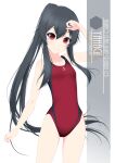  1girl alternate_breast_size artist_name black_hair character_name competition_swimsuit cowboy_shot flat_chest highres inaba_shiki kantai_collection long_hair looking_at_viewer one-hour_drawing_challenge one-piece_swimsuit ponytail red_eyes red_swimsuit scrunchie sidelocks simple_background solo standing swimsuit white_background yahagi_(kancolle) 