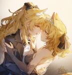  2girls alternate_costume animal_ears artist_name aunt_and_niece black_bow black_gloves black_ribbon blemishine_(arknights) blonde_hair blue_eyes blush bow bowtie chinese_commentary commentary_request elbow_gloves eye_contact face-to-face gloves hair_bow hair_ribbon hand_on_another&#039;s_back highres horse_ears incest long_hair long_sleeves looking_at_another moyu_marginal multiple_girls open_mouth partially_fingerless_gloves ribbon sweat tongue tongue_out upper_body wavy_hair whislash_(arknights) yellow_eyes yuri 