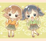  2girls bangs blue_eyes blue_hair blush brown_eyes brown_hair chibi green_kimono hair_ribbon hakama hakama_skirt highres hiryuu_(kancolle) japanese_clothes kantai_collection kimono kneehighs long_hair multiple_girls nada_namie one_side_up open_mouth orange_kimono ribbon sandals short_hair short_twintails signature simple_background smile souryuu_(kancolle) twintails white_legwear wide_sleeves 