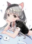  air_bubble animal_ear_fluff animal_ears back bangs black_ribbon black_shirt blush braid brown_eyes bubble cat_ears closed_mouth crop_top elbow_rest eyebrows_visible_through_hair hair_ribbon head_on_hand highres hisakawa_nagi idolmaster idolmaster_cinderella_girls kanda_done looking_at_viewer lying neck_ribbon on_stomach pink_neckwear pink_ribbon ribbon shirt short_sleeves side_braid silver_hair stuffed_animal stuffed_toy upper_body 