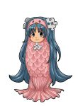  1girl amabie blue_hair costume full_body kasuga39 long_hair outline puzzle_piece puzzle_piece_hair_ornament simple_background smile solo very_long_hair white_background wikipe-tan wikipedia 