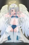 1girl absurdres angel_wings bare_shoulders blue_bra blue_eyes blue_hair blue_nails blue_panties bra choker clover_(cloversoya) collarbone commentary_request crying crying_with_eyes_open feathered_wings fish_tail full_body garter_straps gawr_gura grey_hair hair_over_one_eye halo hands_up highres hololive hololive_english kneeling knees_together_feet_apart long_hair looking_at_viewer multicolored_hair nail_polish navel no_shoes panties parted_lips red_choker see-through shark_tail solo streaked_hair tail tears thigh-highs underwear very_long_hair virtual_youtuber white_legwear white_wings wings 