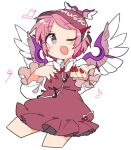  1girl bird_wings blush brown_dress dress eighth_note feathered_wings feet_out_of_frame fingernails flying frills grey_eyes hat head_wings ini_(inunabe00) long_sleeves looking_at_viewer mob_cap music musical_note mystia_lorelei one_eye_closed open_mouth pink_hair red_nails short_hair simple_background singing solo touhou white_background winged_hat wings 