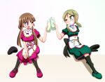  2girls ;d apron arm_up bangs between_legs black_legwear blush breasts brown_hair chibi commentary_request cup dress drinking_glass eyebrows_visible_through_hair green_dress green_eyes green_footwear grin hand_between_legs hat hat_removed headwear_removed highres hime_cut holding holding_cup large_breasts leaning_back light_brown_hair looking_at_another mary_janes multiple_girls nishida_satono one_eye_closed open_mouth pantyhose parted_bangs pink_background pink_dress pink_footwear puffy_short_sleeves puffy_sleeves rakugaki-biyori shadow shoes short_hair_with_long_locks short_sleeves sitting small_breasts smile tate_eboshi teireida_mai toast_(gesture) touhou two-tone_background violet_eyes waist_apron white_background 