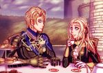  1boy 1girl blonde_hair blue_eyes brother_and_sister cape cute dimitri_alexandre_blaiddyd drink edelgard_von_hresvelg fire_emblem fire_emblem:_three_houses fire_emblem:_three_houses fire_emblem_16 food garreg_mach_monastery_uniform gloves hair_ribbon incest intelligent_systems long_hair luminarywalker nintendo open_mouth outdoors purple_eyes ribbon short_hair siblings smile tea teacup white_hair 