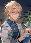  1boy blonde_hair blue_neckwear blue_shirt bow bowtie chyoel cup ensemble_stars! flower green_eyes hair_between_eyes highres holding jacket kerchief long_sleeves looking_at_viewer male_focus open_clothes open_jacket shirt short_hair smile solo teacup tears tenshouin_eichi upper_body white_flower white_jacket 