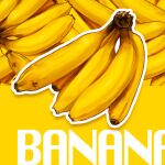  banana english_text food food_focus fruit highres mitomaton no_humans original realistic simple_background still_life yellow_background 