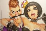  1boy 1girl artist_signature black_hair bob_cut brown_hair chain_chomp chain_necklace chompette colored gloves looking_at_viewer super_mario_bros. mustache nintendo omar_dogan open_mouth simple_background super_crown traditional_media waluigi white_background 