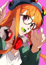  1girl absurdres candy food fur-trimmed_jacket fur_trim glasses goggles goggles_on_head green_jacket hands_up headphones headphones_around_neck highres holding holding_food jacket kanro_(3637_3637) lollipop long_hair open_mouth orange_hair persona persona_5 sakura_futaba shirt violet_eyes white_shirt 