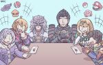  1girl 5boys alvis_(xenoblade) armor ayyk92 bangs black_hair blonde_hair blue_eyes breasts brown_hair cape chest_jewel crotchless crotchless_pants cup dark_skin dress gem gloves headpiece jin_(xenoblade) kirby kirby_(series) large_breasts long_hair male_focus malos_(xenoblade) mario super_mario_bros. mask metroid monado multiple_boys mythra_(xenoblade) open_mouth pants pokemon_(creature) rex_(xenoblade) ridley short_dress short_hair shulk_(xenoblade) smash_invitation smile super_smash_bros. swept_bangs sword tiara very_long_hair vest weapon white_dress xenoblade_chronicles xenoblade_chronicles_(series) xenoblade_chronicles_2 xenoblade_chronicles_2:_torna_-_the_golden_country yellow_eyes 