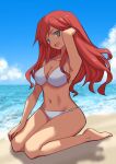  1girl arm_behind_back bikini blue_eyes breasts clouds eyebrows_visible_through_hair grey_eyes hand_on_own_knee highres large_breasts navel open_mouth pink_hair pose redhead sitting sky smile solo solo_focus somasoutaro swimsuit white_bikini 