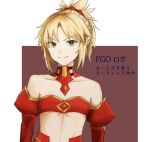  1girl arms_behind_back bare_shoulders border bra braid breasts choker copyright_name detached_sleeves eyebrows_visible_through_hair fate/apocrypha fate/grand_order fate_(series) french_braid green_eyes hair_ornament hair_scrunchie mordred_(fate) mordred_(fate)_(all) outside_border purple_background rasuku red_scrunchie red_sleeves scrunchie small_breasts smile underwear upper_body white_border 