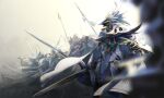  armor blurry blurry_foreground cape fighting_stance helmet holding holding_sword holding_weapon moni_kikka outdoors pixiv_fantasia pixiv_fantasia_mountain_of_heaven polearm spear standing sword weapon white_cape 