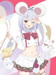  1girl ;d animal_ears balloon bangs blush bow breasts cheese contrapposto cowboy_shot food granblue_fantasy groin hair_ornament highres looking_at_viewer medium_hair midriff mouse mouse_ears navel one_eye_closed open_mouth red_eyes silver_hair skirt small_breasts smile solo thigh_strap tsumugi_1210 vikala_(granblue_fantasy) white_background white_skirt 