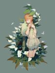  bug butterfly calla_lily closed_eyes flower highres insect leaf lian_yao navel original puffy_shorts puffy_sleeves redhead short_hair shorts solo_focus white_flower 