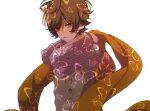  1boy animal_print brown_hair butterfly_print cable_knit character_request copyright_request earrings eiku hands_up jewelry long_sleeves looking_at_viewer male_focus orange_eyes orange_scarf parted_lips scarf short_hair solo sweater upper_body white_background 