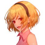  1girl :d bare_shoulders black_hairband blonde_hair collared_shirt commentary_request eyebrows_visible_through_hair fang hairband happy highres higurashi_no_naku_koro_ni houjou_satoko looking_at_viewer open_mouth pink_shirt portrait red_eyes seina1211 shirt short_hair signature simple_background skin_fang smile solo spoilers white_background 