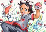  1boy :d antenna_hair black_hair black_pants blue_eyes cinderace commentary_request dark_skin dark_skinned_male eyelashes gen_8_pokemon goh_(pokemon) grey_shirt hand_up highres holding holding_poke_ball male_focus oka_mochi open_mouth pants poke_ball poke_ball_(basic) pokemon pokemon_(anime) pokemon_(creature) pokemon_swsh_(anime) shirt short_sleeves smile sobble starter_pokemon teeth tongue 