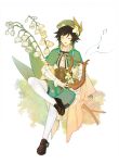  1boy absurdres androgynous bangs beret black_hair blue_hair bow braid brooch brown_legwear cape closed_eyes collared_cape collared_shirt corset crossed_legs eyebrows_visible_through_hair facing_viewer feathers flower frilled_sleeves frills full_body gem genshin_impact gradient_hair green_headwear green_shorts hat hat_flower highres holding holding_instrument instrument jewelry leaf long_sleeves lyre male_focus multicolored_hair music musical_note open_mouth pantyhose pinwheel shirt shoes short_hair_with_long_locks shorts simple_background singing smile solo syouyubin twin_braids venti_(genshin_impact) white_background white_flower white_legwear white_shirt 