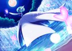  absurdres bug butterfly closed_mouth commentary_request gardevoir gen_3_pokemon highres huge_filesize insect kaichi_(tomiyu25) lens_flare mega_gardevoir mega_pokemon moon night outdoors pokemon pokemon_(creature) red_eyes signature sky smile solo standing wading water waterfall 