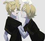 1boy 1girl black_shirt blonde_hair blue_eyes bow collar crypton_future_media eiku finger_in_another&#039;s_mouth from_side gradient gradient_background grey_background hair_bow hair_ornament hairclip hand_on_another&#039;s_neck kagamine_len kagamine_rin looking_at_another open_mouth piapro shirt short_hair short_sleeves vocaloid white_bow 