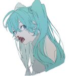  1girl ahoge aqua_eyes aqua_hair bare_shoulders blood blood_in_mouth blood_on_face crypton_future_media eiku fangs grey_shirt hair_between_eyes hatsune_miku long_hair looking_at_viewer nosebleed open_mouth piapro shirt sleeveless sleeveless_shirt solo tongue tongue_out twintails upper_body vocaloid white_background 