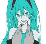  1girl :p aqua_eyes aqua_hair aqua_neckwear bare_shoulders collared_shirt crypton_future_media detached_sleeves eiku eyebrows_visible_through_hair eyes_visible_through_hair hair_between_eyes hatsune_miku long_hair looking_at_viewer necktie open_mouth piapro shirt sleeveless sleeveless_shirt slit_pupils smile solo tongue tongue_out twintails upper_body vocaloid white_background 