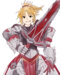  1girl armor breastplate clarent_(fate) fang fate/grand_order fate_(series) gloves greaves green_eyes highres looking_at_viewer mordred_(fate) mordred_(fate)_(all) pauldrons pelvic_curtain ponytail rasuku red_scrunchie scrunchie shoulder_armor sketch smile solo white_background 