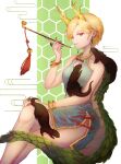 1girl absurdres blonde_hair feet_out_of_frame highres holding holding_pipe kicchou_yachie kiseru light_smile parted_lips pipe profile red_eyes ringo_orihara short_hair solo tail touhou