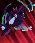  arm_up commentary_request fang fang_out from_below gen_8_pokemon hemhemhoo highres mythical_pokemon no_humans pokemon pokemon_(creature) red_background solo toes zarude 