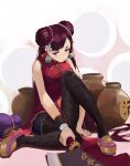  absurdres alcohol bangs black_legwear brown_hair chinese_clothes closed_mouth double_bun dress frs guardian_tales hair_ornament highres holding holding_weapon looking_down lynn_(guardian_tales) red_dress simple_background sitting swept_bangs violet_eyes weapon 