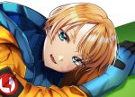  1girl apex_legends blonde_hair blue_bodysuit blue_eyes blue_gloves bodysuit close-up eyebrows_visible_through_hair fang gloves hood hooded_jacket jacket leaning_forward leaning_on_object lichtenberg_figure looking_at_viewer nitogebeto open_mouth orange_jacket scar scar_on_cheek scar_on_face short_hair skin_fang solo wattson_(apex_legends) 