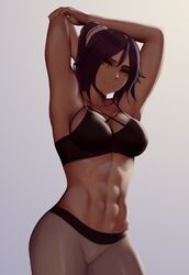  1girl abs absurdres alternate_costume arms_behind_head black_bra bleach bra breasts dark_skin dark-skinned_female highres large_breasts muscular muscular_female pants ponytail purple_hair shihouin_yoruichi sports_bra sportswear toned underwear white_pants yellow_eyes yoga_pants zaki_(zaki_btw) 