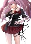  1girl absurdres bangs black_choker black_neckwear blue_eyes bow breasts choker commentary_request cowboy_shot dangan_ronpa:_trigger_happy_havoc dangan_ronpa_(series) enoshima_junko gloves grey_background hair_ornament hand_on_hip hand_up highres kabedan_(yasai_oisidaro) long_hair looking_at_viewer miniskirt nail_polish open_mouth pink_hair pleated_skirt profile red_bow red_nails red_skirt shiny shiny_hair shirt skirt solo tongue tongue_out twintails white_background white_neckwear 