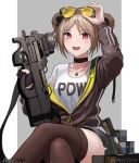  1girl alternate_costume bangs blush breasts bullpup choker double_bun eyewear_on_head girls_frontline gloves gun highres jacket junshiki light_brown_hair looking_at_viewer open_mouth p90 p90_(girls_frontline) red_eyes short_hair smile solo submachine_gun sunglasses weapon 