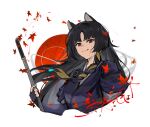  1girl animal_ears arknights black_hair blood blood_on_face blood_splatter braid character_name cropped_torso dog_ears dog_girl etiv hair_ribbon highres holding holding_sword holding_weapon japanese_clothes katana leaf licking_lips long_hair looking_at_viewer maple_leaf red_eyes ribbon saga_(arknights) single_braid solo sword tongue tongue_out traditional_clothes upper_body weapon white_background 