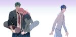  3boys adam_(sk8) blue_hair brown_eyes cherry_blossom_(sk8) clenched_hand gradient gradient_background green_hair hair_over_eyes hand_on_shoulder highres holding_skateboard joe_(sk8) long_hair long_sleeves male_focus multiple_boys ncww_rinichi necktie pants pink_hair profile red_neckwear school_uniform shirt short_hair sk8_the_infinity skateboard standing white_shirt younger 