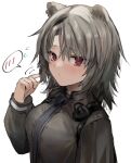  1girl absinthe_(arknights) animal_ears arknights bear_ears bear_girl black_jacket blush closed_mouth commentary_request grey_hair headphones jacket looking_at_viewer raw_egg_lent red_eyes solo upper_body 