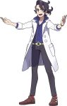  1boy augustine_sycamore bangs belt black_hair brown_footwear collared_shirt facial_hair full_body grey_eyes hands_up highres knees labcoat male_focus messy_hair official_art oomura_yuusuke open_mouth pants pokemon pokemon_(game) pokemon_xy purple_shirt red_legwear shirt shoes sleeves_rolled_up smile socks solo standing teeth tongue transparent_background yellow_belt 